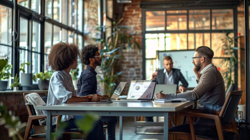 Team meeting in a modern office reviewing performance metrics on laptops, representing accountability and shared ownership.