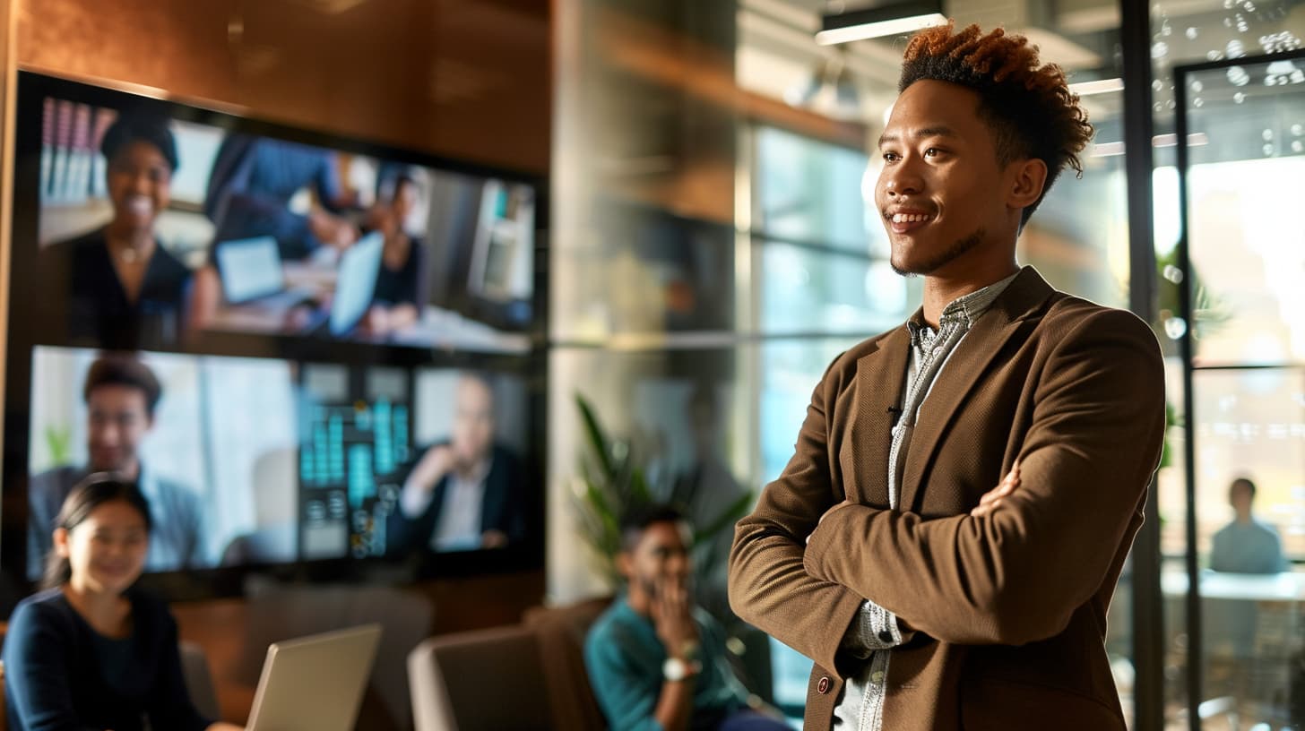 Leader facilitating a hybrid team meeting in a modern office with remote participants on a video screen.