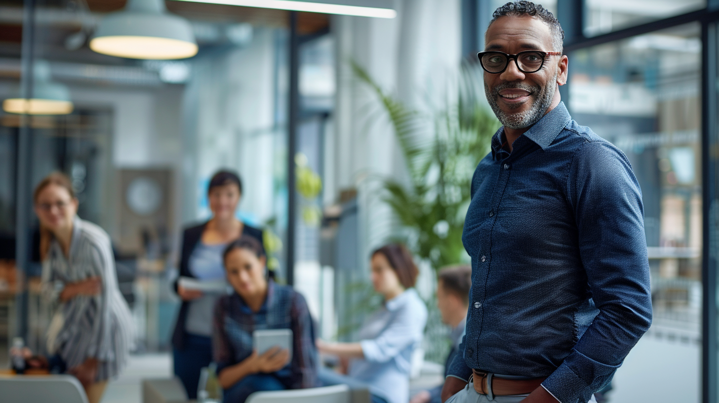 Business leader standing in a modern office with team members collaborating in the background, representing situational leadership and adaptive management.