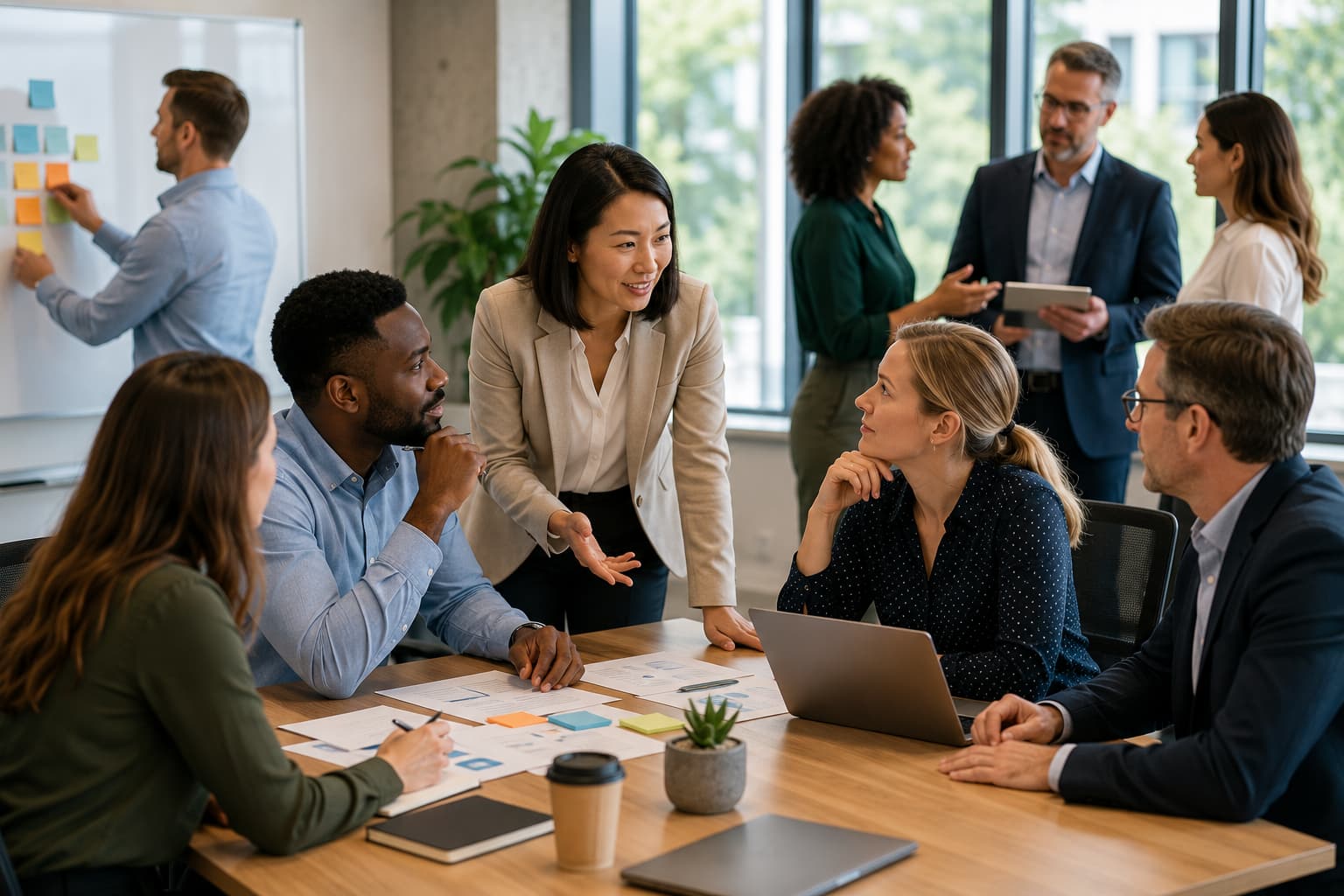 A diverse group of professionals collaborating in a modern office meeting, with one leader guiding a discussion while others listen, contribute, and work together.