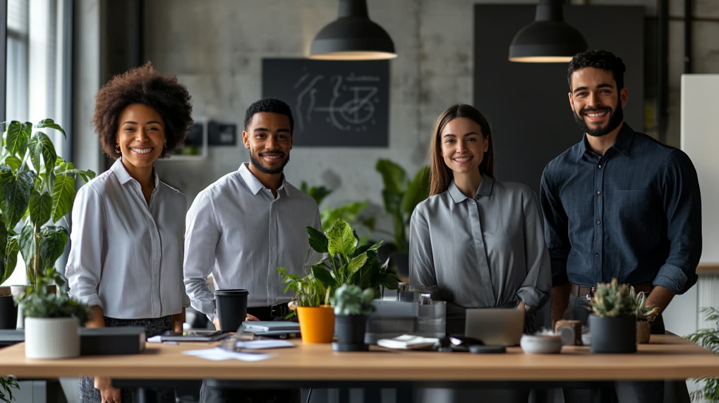A diverse professional team standing together in a modern office, representing accountability, collaboration, career growth, and shared ownership.